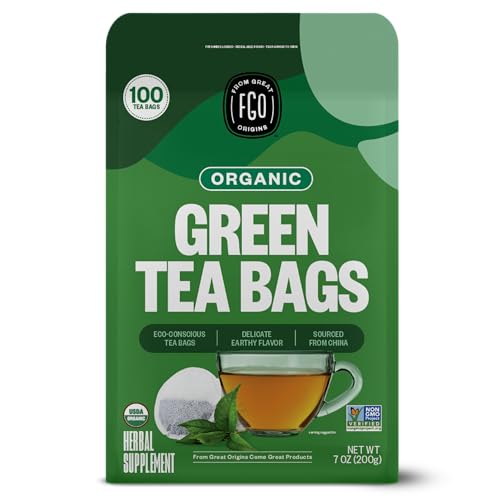 FGO Organic Green Tea, 100 Count Eco-Conscious Tea Bags, Caffeinated,