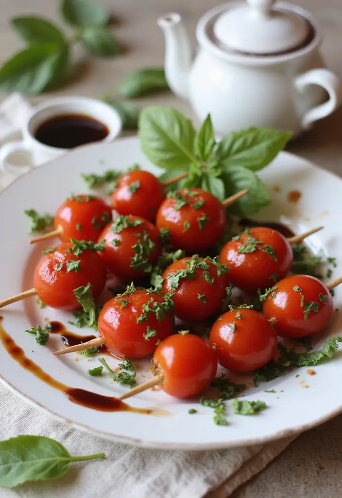30 High Tea Hapjes That Taste as Good as They Look 16 30 High Tea Hapjes That Taste as Good as They Look - 16. Cherry Tomato and Basil Skewers