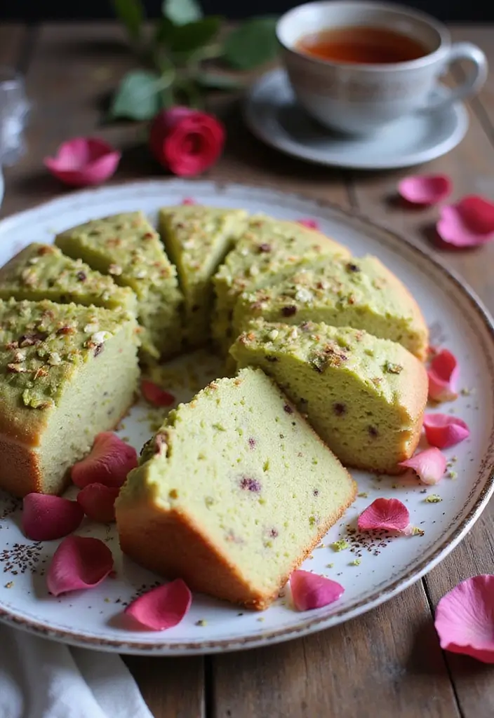 30 High Tea Menu Ideas for an Elegant Gathering 12 30 High Tea Menu Ideas for an Elegant Gathering - 12. Pistachio and Rosewater Cake