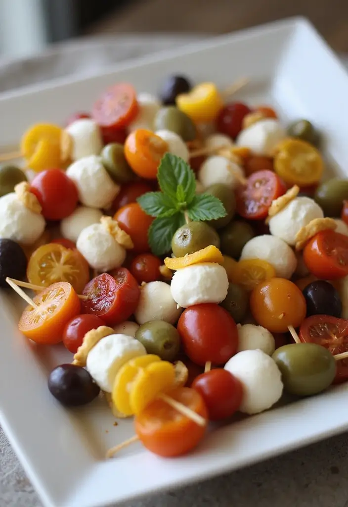 30 High Tea Menu Ideas for an Elegant Gathering 28 30 High Tea Menu Ideas for an Elegant Gathering - 28. Mini Antipasto Skewers