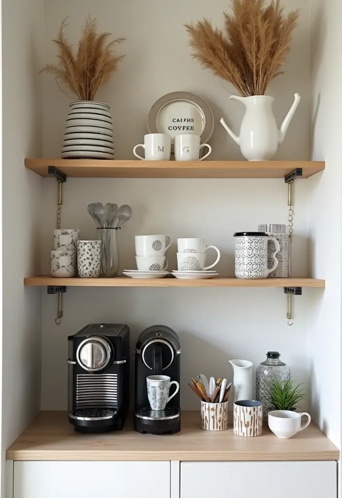 30 Nespresso Coffee Bar Setups That Look Modern 10. Open Shelving for Display