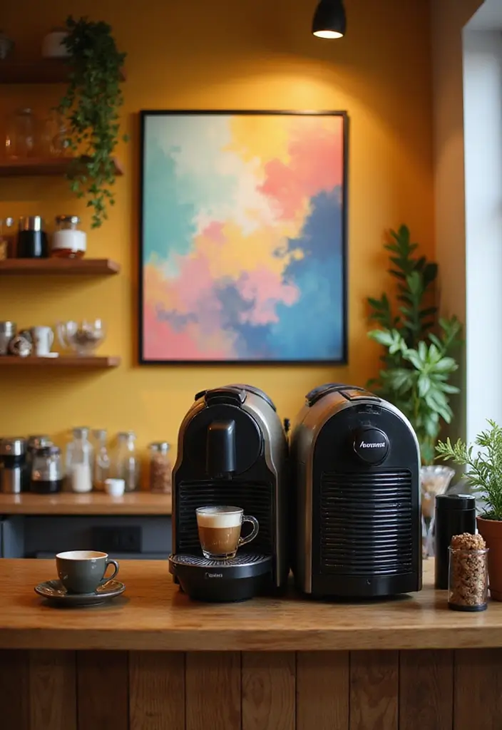 30 Nespresso Coffee Bar Setups That Look Modern 13. Chic Wall Art Backdrop