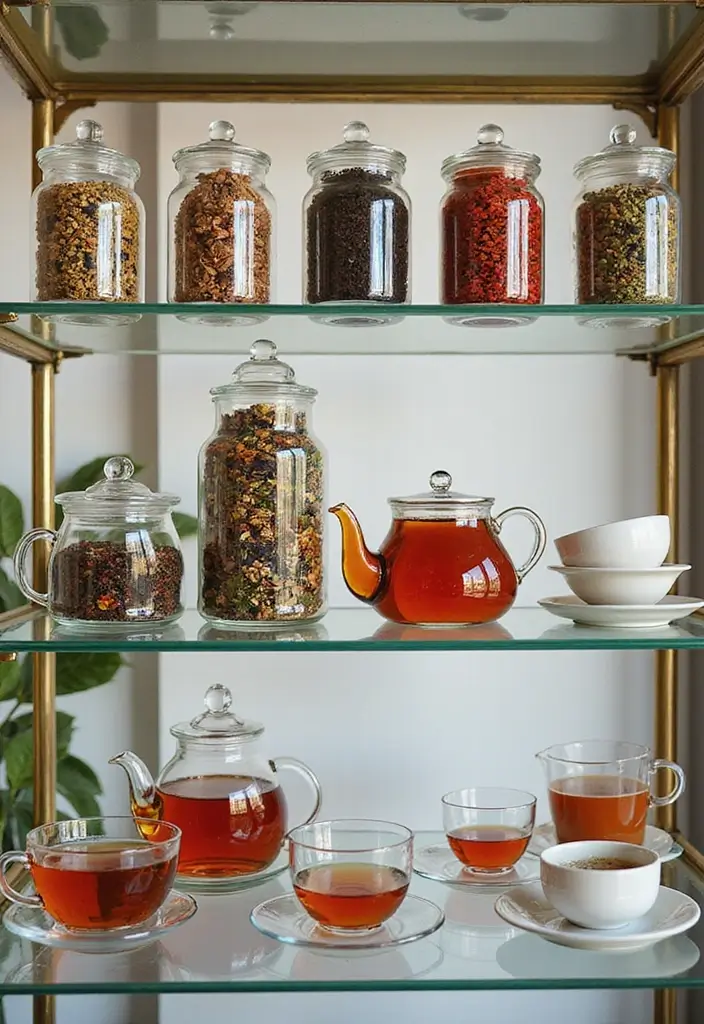30 Tea Bar Ideas That Look Modern and Stylish 3 30 Tea Bar Ideas That Look Modern and Stylish - 3. Elegant Glass Display
