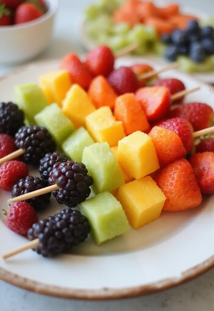 30 Tea Party Sweets That Are Adorable and Tasty 9 30 Tea Party Sweets That Are Adorable and Tasty - 9. Rainbow Fruit Skewers